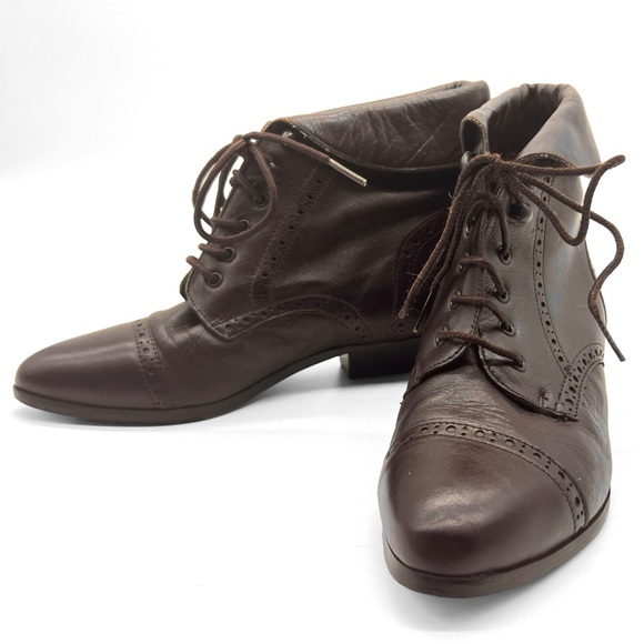 SOLD Brown Leather Lace-Up Fold Over Peter Pan Ankle Boots 90s Vintage Mainframe - Picture 4 of 8